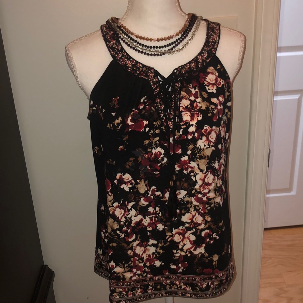 White House Black Market Black Floral Lace-Up Halter Cami